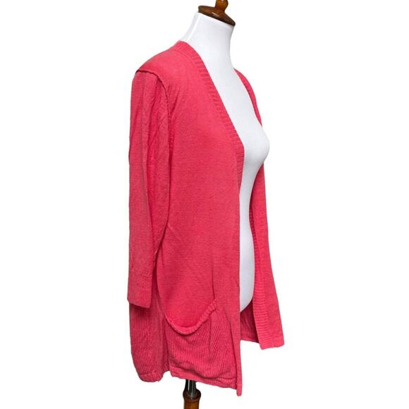 J. Jill Coral Pink Linen Cardigan Sweater Long Sleeve Open Front Pockets LARGE - Picture 4 of 9